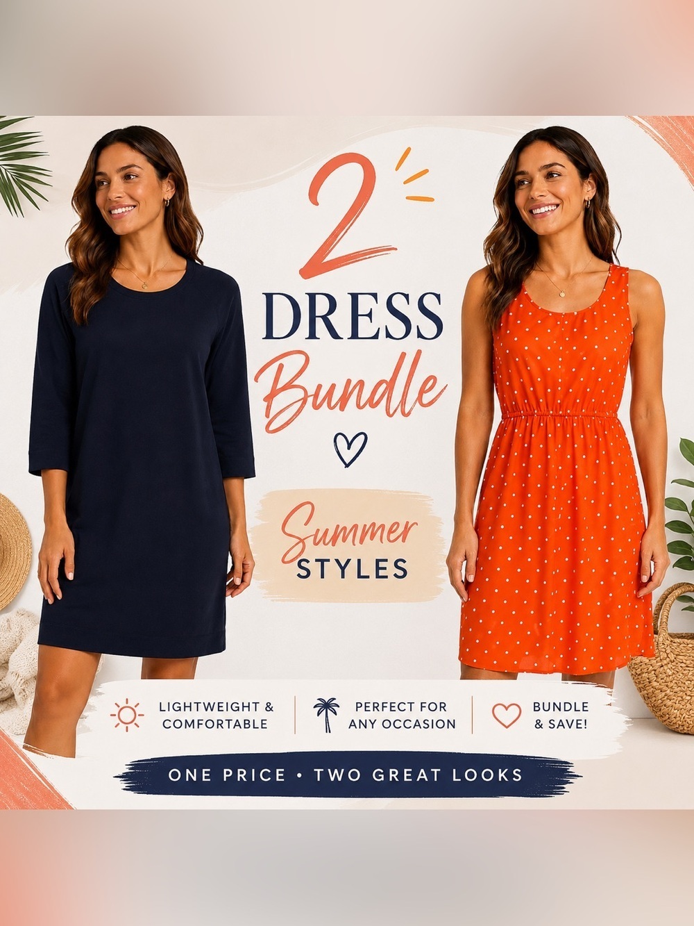 Merona Summer Dress Bundle | Navy Lounge Dress + Orange Polka Dot Sundress